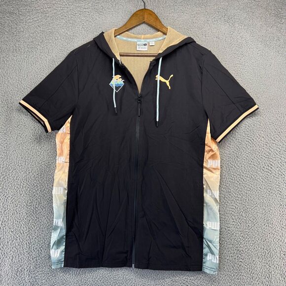 Puma Windbreaker Jacket Men's Medium Black Zip Pink Dolphin Hooded Short Sleeve - Picture 1 of 12